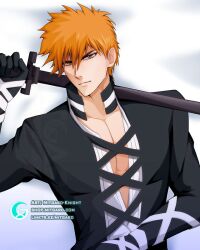 1boy bleach body_pillow dakimakura ichigo_kurosaki looking_at_viewer male male_focus male_only mitgard-knight orange_hair shinigami solo