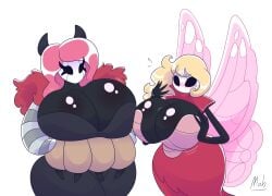 2girls big_breasts blonde_hair blushing breast_comparison breasts brumm_(hollow_knight) curvy_female female_only hollow_knight huge_breasts marissa_(hollow_knight) musical_instrument oddly_bally pink_hair pink_wings rule_63 thick_thighs wide_hips