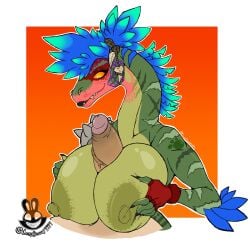 big_breasts big_penis black_lipstick blue_hair christomwow commission completely_nude epic_games fortnite green_body green_skin human_on_anthro looking_at_penis paizuri raptor scalie titjob