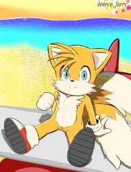 2_tails beach blue_eyes clothing cuntboy footwear fur genitals gloves handwear honeyu intersex multi_tail pussy rule_63 seaside sega shoes sitting solo sonic_(series) sonic_the_hedgehog_(series) tagme tail tails tailsko vagina white_body white_fur