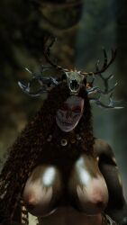 3d abs areola areolae bare_shoulders bethesda_softworks big_breasts body_freckles bone_armor bones breasts brown_hair cave cavewoman close_up curly_hair curvaceous curves curvy deer_antlers dirt dirty dirty_arms dirty_body eyeball eyeball_necklace face_paint fit_female forsworn freckles glowing_eyes hair_on_breasts hair_over_shoulder horns hourglass_figure huge_breasts hunter huntress huntress_of_hircine large_breasts lips long_curly_hair long_hair looking_at_viewer mud mud_on_breast muddy muscles muscular muscular_arms muscular_female nature navel neck nipple_shadow nipples nude pink_areolae pink_nipples portrait queen_azara rags self_upload shadow shiny_skin skull_face_paint skull_helmet skyrim straps sweat the_elder_scrolls thick_lips tribal waist wet_skin white_eyes white_facepaint who_do_you_voodoo_bitch wide_arms wide_hips