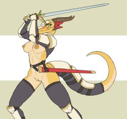 anthro areola blush chorsinnell39 dragon female genitals hi_res holding_object holding_sword holding_weapon melee_weapon nipples pussy solo sword thick_thighs weapon