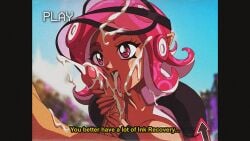 1boy 1girls cleavage cum_in_mouth cum_on_face cumshot cumshot_in_mouth dirtyero_(artist) ejaculation fellatio holding_penis licking_penis lots_of_cum nintendo octoling octoling_girl pillarbox retro_artstyle splatoon splatoon_(series) splatoon_3 straight subtitled vhs_filter visor_cap