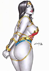 1girls 2022 amazon ass battle_damage big_breasts black_hair blue_eyes bondage bubble_ass bubble_butt carlos_braga dat_ass dc dc_comics diana_prince ed_benes_studio female female_only femsub lasso_of_truth leotard long_hair looking_at_viewer red_lipstick rope_bondage solo superheroine tagme thong thong_leotard tiara wonder_woman wonder_woman_(series)