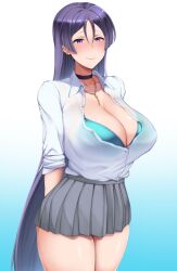 1girls 2020 alternate_version_available arms_behind_back bangs blouse blue_background blue_bra blush bra breasts center_opening choker cleavage closed_mouth collarbone collared_shirt contemporary dantes_ward dress_shirt earrings eyelashes eyeliner fate/grand_order fate_(series) female female_only gradient gradient_background grey_skirt hi_res highres huge_breasts jewelry large_breasts light-skinned_female light_skin lingerie lipstick long_hair long_sleeves looking_at_viewer makeup minamoto_no_raikou_(fate) miniskirt necklace parted_bangs purple_eyes purple_hair see-through shirt skirt sleeves_rolled_up smile solo thighs underwear very_long_hair white_shirt