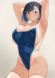 armpits arms_behind_head black_hair blue_eyes blue_one-piece_swimsuit blush breasts cameltoe cleavage covered_navel female grin hair_ornament hairclip highres looking_at_viewer mm_(yoromu) one-piece_swimsuit one-piece_tan original school_swimsuit short_hair sideboob smile solo sweatdrop swimsuit tan tanlines thighhighs white_thighhighs