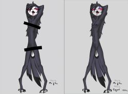 anthro arms avian beak bird black_body black_feathers black_hair c0pycat edit feathers female flat_chested fox_of_tacs hair hands helluva_boss highres long_hair nude octavia_(helluva_boss) open_mouth owl owl_demon pose red_sclera redraw seductive simple_background small_waist solo tail talons tongue tongue_out uncensored white_eyes