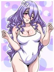 1girls alternate_costume breasts camilla_(fire_emblem) cleavage female female_only fire_emblem fire_emblem_fates grin hair_between_eyes inabakun00 large_breasts long_hair looking_at_viewer nintendo one-piece_swimsuit one_eye_closed pink_eyes purple_hair smile solo swimsuit very_long_hair white_swimsuit wink