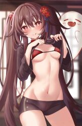 1girls absurd_res bikini_top blush booty_shorts breasts brown_eyes brown_hair female genshin_impact ghost hayasaka hu_tao_(genshin_impact) licking_lips long_hair petite petite_body short_shorts shorts slim_body small_breasts smile symbol-shaped_pupils top_lift