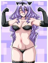 1girls ;) bare_thighs black_panties bra breasts camilla_(fire_emblem) elbow_gloves female female_only fire_emblem fire_emblem_fates flexing gloves hair_between_eyes horns inabakun00 long_hair looking_at_viewer medium_breasts nintendo panties pink_eyes purple_hair smile solo thighhighs thighs underwear very_long_hair