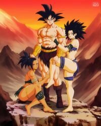 1boy 2girls athletic_female barbarian black_hair caulifla dragon_ball dragon_ball_super dragon_ball_z female fit_female kale large_breasts looking_at_viewer male multiple_girls muscular_male ponytail revealing_clothes saiyan salvamakoto scar son_goku spiky_hair thick_thighs universe_6/universe_7 universe_6_saiyan/universe_7_saiyan voluptuous