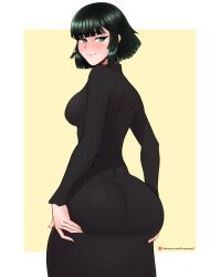 ass ass_in_dress blush breasts dress fraankyy from_behind fubuki_(one-punch_man) green_eyes green_hair hand_on_ass huge_ass looking_at_viewer looking_back nail_polish one-punch_man short_hair shy smile standing thick thick_ass thick_thighs tight_clothing tight_dress