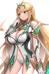 1girls alternate_costume alternate_version_available bangs big_breasts blonde_hair blush breasts cleavage core_crystal embarrassed female gold_eyes gonzarez hi_res large_breasts light-skinned_female light_skin long_blonde_hair long_hair mythra_(prototype)_(xenoblade) mythra_(xenoblade) nintendo panties simple_background slim_waist swept_bangs thighs xenoblade_(series) xenoblade_chronicles_2