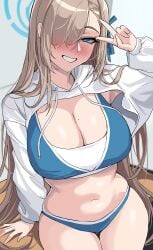 1girls asuna_(blue_archive) beauty_mark blonde_hair blue_archive blue_eyes breasts cleavage cropped_hoodie drogod_(artist) female hair_over_one_eye hoodie huge_breasts light-skinned_female light_skin long_hair mole_on_breast panties peace_sign smile sports_bra