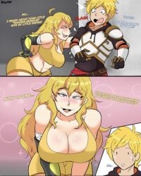 1boy 1girls abs armor arms_behind_back bent_over big_breasts blonde_hair blue_eyes blush bodyattk breasts busty child_bearing_hips cleavage english_text female flirting flustered hands_on_legs hands_on_own_legs hands_on_own_thighs hands_on_thighs human jaune_arc large_breasts male metal_arm rwby seductive shy smile sports_bra sports_shorts sportswear straight tagme text voluptuous yang_xiao_long