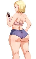 1girls alternate_version_available android_18 big_ass big_breasts blonde_hair blue_eyes caucasian dragon_ball married_woman milf pinkpawg plump short_shorts thick_ass thick_thighs