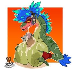 black_lipstick blue_hair christomwow cleavage commission cum cum_on_body cum_on_breasts cum_on_face epic_games fortnite green_skin human_on_anthro looking_at_penis paizuri raptor scalie titjob