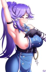 armpits arms_up gloves heterochromia large_breasts long_hair nijisanji nijisanji_en nipple_slip pink_eyes selen_tatsuki selen_tatsuki_(2nd_costume) showing_breasts showing_nipple sideboob virtual_youtuber vlacksr white_background