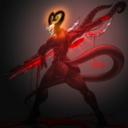 absurd_res ass big_butt big_sword black_body black_skin blood bodily_fluids bone claws demon digital_drawing_(artwork) digital_media_(artwork) glowing glowing_eyes gradient_background hi_res horn huge_sword humanoid leaking light long_horn long_tail looking_at_viewer male melee_weapon muscular muscular_male rashchaos red_eyes shadow signature simple_background skull skull_head solo standing sword thick_thighs weapon wide_hips