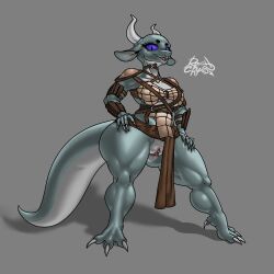 absurd_res anthro armor big_tail breasts claws clitoris clothed clothing digital_drawing_(artwork) digital_media_(artwork) eyebrows eyelashes female genitals green_body green_skin grey_body grey_skin hand_on_butt hand_on_leg hi_res horn huge_tail kobold long_ears long_horn long_tail looking_at_viewer multicolored_body multicolored_skin muscular muscular_female open_mouth partially_clothed pink_pussy purple_sclera pussy rashchaos scalie shadow sharp_claws signature smile smiling_at_viewer standing teeth thick_tail thick_thighs toe_claws white_body white_skin wide_hips