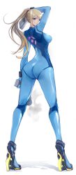 ass ass_focus blonde_hair blue_eyes bodysuit gun high_heels looking_at_viewer looking_back metroid ponytail samus_aran skin_tight standing the_kingduke tommietomm white_background zero_suit zero_suit_samus