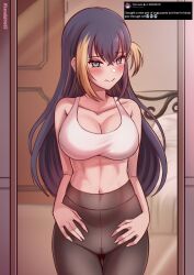 1girls bare_shoulders belly_button big_breasts black_hair blue_eyes blush blush blush_lines cleavage exposed_shoulders midriff mirror navel nijisanji nijisanji_en no_panties petra_gurin see-through see-through_clothing solo solo_female solo_focus tears thigh_gap tight_clothing tweet virtual_youtuber white_shirt xanadu_avici xanaduavici yellow_hair yoga_pants