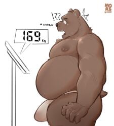 2022 anthro belly big_belly big_bulge brown_body bulge clothing exclamation_point hi_res humanoid_hands male mammal moobs mors_k mostly_nude nipples overweight overweight_anthro overweight_male question_mark solo surprise underwear ursid