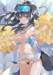 @_@ animal_ears armpits bangs bare_shoulders black_hair blue_archive blue_eyes blush breasts breasts_out cheerleader cleavage cowboy_shot crop_top dema_hmw dog_ears dog_girl dog_tail eyewear_on_head female female_pubic_hair goggles goggles_on_head halo hibiki_(blue_archive) hibiki_(cheerleader)_(blue_archive) highres holding holding_pom_poms long_hair looking_at_viewer medium_breasts midriff miniskirt navel nipples no_panties official_alternate_costume pleated_skirt pom_pom_(cheerleading) ponytail pubic_hair skirt sleeveless solo sticker_on_face stomach tail wet white_skirt