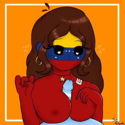 1boy 1girls argentina_(countryhumans) blue_penis brown_hair countryhumans countryhumans_girl heart-shaped_pupils orange_background red_body srtamotzarella venezuela_(countryhumans)