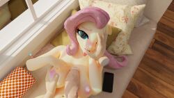 3d_(artwork) absurd_res anthro breasts digital_media_(artwork) disembodied_hand equid equine female flutterpink_3d fluttershy_(mlp) friendship_is_magic genitals hair hasbro hi_res human human_on_anthro interspecies male male/female mammal my_little_pony nipples nude penis pillow pink_hair straight_hair tongue tongue_out