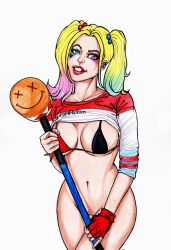 1girls artist_request batman_(series) big_breasts black_bra bottomless curvy_figure dc dc_comics ed_benes_studio female female_only hammer harley_quinn holding_hammer holding_mallet lifting_shirt looking_at_viewer mallet multicolored_hair naked_from_the_waist_down no_panties no_pants red_lipstick seductive_look seductive_smile solo suicide_squad tagme twintails