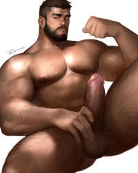 1boy abs absurdres arm_hair bara beard black_hair completely_nude dark-skinned_male dark_skin erection eyebrow_cut facial_hair feet_out_of_frame hairy highres knuckle_hair large_pectorals leg_hair looking_at_viewer male_focus male_masturbation male_only masturbation mature_male muscular muscular_male nipples nude original pectorals penis powerlesssong short_hair solo spread_legs stomach sweat thick_eyebrows thick_thighs thighs uncensored veins veiny_penis