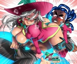 1girls ass breasts cleavage dark-skinned_male duo emy_(sasatseng) erection erection_under_clothes female female_focus huge_ass huge_breasts original original_character sasatseng teasing thick_thighs thigh_boots witch witch_hat