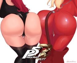 2girls ann_takamaki ass_to_ass atlus back back_view big_butt black_leotard blonde_hair bodysuit bubble_butt butt butt_focus clothed daymandraws double_butt_focus female highleg_leotard huge_butt kasumi_yoshizawa leotard light-skinned_female light_skin long_hair persona persona_5 persona_5_royal red_hair simple_background sumire_yoshizawa tail_accessory thighhighs