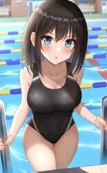 :o absurdres black_hair black_one-piece_swimsuit blue_eyes blurry blurry_background blush breasts cameltoe collarbone competition_swimsuit female hartman_hips highres hisui_(user_zvkr2432) large_breasts looking_at_viewer one-piece_swimsuit original partially_submerged pool school_swimsuit shiny shiny_hair short_hair solo swimsuit tsubasa_(kureha) water wet