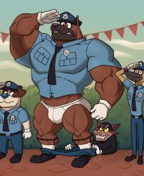 2022 4boys anthro badge bara belt black_belt black_shirt black_shoes black_tie blue_nose blue_pants briefs bulge cop domestic_dog fur furry german_shepherd gloves long_sleeves male_only mask muscular officer pants_down pants_pull pantsing police police_badge police_hat police_uniform policeman public public_exposure public_humiliation purple_nose robber shirt shoes short_sleeves socks tie underpants underwear watermark white_briefs white_socks white_underwear wolf xun4