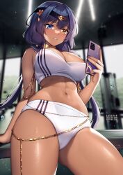 1girls abs artist_signature belly_button bloomers breasts brown_skin buruma candace_(genshin_impact) dark-skinned_female dark_skin female fit fit_female genshin_impact heterochromia holding_object large_breasts navel phone purple_eyes purple_hair selfie sports_bra sportswear squchan toned toned_female twintails watermark yellow_eyes