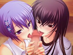 1boy 2girls bangs brown_hair censored collaborative_fellatio collarbone collared_shirt double_fellatio fellatio ffm_threesome game_cg group_sex hair_between_eyes hair_ornament kawagishi_keitarou kawakami_momoyo licking licking_penis long_hair maji_de_watashi_ni_koi_shinasai! mosaic_censoring multiple_girls oral penis purple_eyes purple_hair red_eyes shiina_miyako shiny shiny_hair shirt short_hair sleeveless sleeveless_shirt straight_hair teamwork threesome tongue tongue_out white_shirt wing_collar