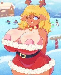 1girls anthro antlers areola_slip bell bell_collar belt blonde_hair blue_eyes breast brown_fur christmas collar deer deltarune deltarune_chapter_2 doe dress female female_focus female_only freckles furry hand_on_breast hips holding_breast illustratorfake kris_(deltarune) large_breasts noelle_holiday ralsei santa_costume snow snowman susie_(deltarune) tan_fur thick_thighs thighs wink winking