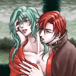 1boy 1boy1girl 1girls clothed_male convenient_censoring cyan_hair eirika_(fire_emblem) fire_emblem fire_emblem:_the_sacred_stones hand_on_breast hand_on_cheek imminent_sex kissing_neck koharusan looking_away lowres nintendo partially_clothed_female red_hair ring seth_(fire_emblem) source_not_archived source_request