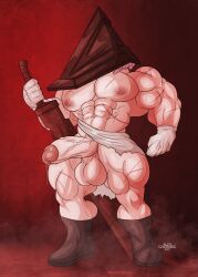 abs alexcherubic areolae balls bara big_balls big_penis boots genital_fluids genitals male male_only muscle muscles muscular muscular_male navel nipples nude nude_male pecs penis precum pyramid_head scars silent_hill six_pack solo solo_male sword