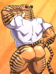 1boy 1male 2022 anthro ass bara beastars bengal_tiger big_ass big_butt bill_(beastars) fur furry hand_on_head male_only muscular muscular_arms muscular_ass muscular_back muscular_legs muscular_male pantherine shirt solo tagme tiger white_shirt xun4