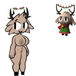 antlers belly_button breasts christmas eyebrows furry no_brain_creature_(artist) nude pussy reference_image rein_(tower_heroes) reindeer reindeer_antlers roblox roblox_game smile tagme thick_thighs tower_heroes