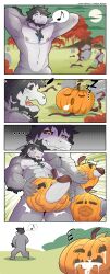 absurd_res anthro balls blep bodily_fluids body_hair chest_hair comic cum cum_inside deep_throat dragon draycos dreyol_(artist) erection facial_hair food fruit fucking_pumpkin genital_fluids genitals hair halloween hi_res holidays humanoid_genitalia impalement jack-n'-lantern male male_only muscular muscular_male nude oral penetration plant pumpkin sex sleeping smile solo tongue tongue_out