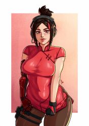 beauty_mark brown_hair danhelj demi_(fortnite) dress_tug epic_games fortnite fortnite:_battle_royale gloves headphones headset looking_at_viewer mole_under_eye panties pantyhose prosthetic prosthetic_arm prosthetic_limb red_dress red_eyes red_lips red_lipstick robotic_arm short_dress standing tight_dress