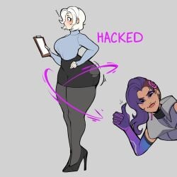 ! 2girls ass_expansion blue_eyes bluueygooey breasts female female_only high_heels large_ass large_breasts mercy multiple_girls overwatch overwatch_2 pantyhose shocked skirt solo_focus sombra thumbs_up torn_clothes white_hair