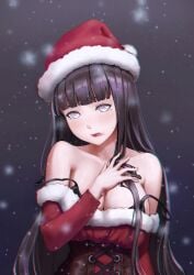 1girls black_bra black_hair bra breasts brown_corset c-eye christmas christmas_outfit corset dress hand_on_chest hyuuga_hinata large_breasts lavender_eyes long_hair looking_at_viewer naruto naruto_shippuden santa_dress santa_hat snowing