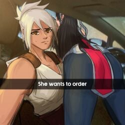 ass ass_focus female female_only he_wants_to_order irelia_xan league_of_legends meme riven snapchat tagme text yuri zarquez