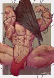 abs balls bara barbed_wire big_balls big_penis blood bulge dead_by_daylight flaccid flexing gay helmet male male_only muscles muscular muscular_male pecs penis pyramid pyramid_head scars silent_hill solo spread_legs sweat veiny_penis wolfshirtart