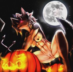 abs anthro anus athletic athletic_female black_anus black_nipples black_pussy bodily_fluids breasts canid canid_demon canine crouching demon eyebrow_piercing facial_piercing female fence food fruit full_moon genitals glistening glistening_body glistening_breasts glowing glowing_eyes hair hair_over_eye halloween hellhound helluva_boss hi_res holidays jack-o'-lantern looking_at_viewer loona_(helluva_boss) mammal moon musk_clouds navel navel_piercing nipple_piercing nipples one_eye_obstructed piercing plant pumpkin pussy red_sclera simple_background sky snowxwx solo star sweat sweatdrop white_body white_eyes